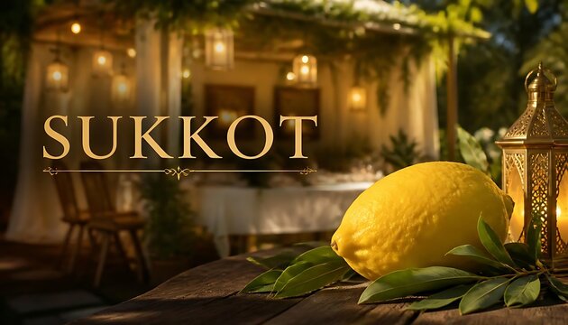 Etrog fruit and lantern decoration outdoors with sukkot text and celebration table background greeting festival tradition religion botanical background celebration ceremonial