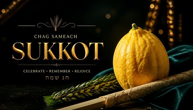 Chag sameach sukkot greeting banner featuring etrog fruit and palm branch on dark textured background greeting festival tradition religion botanical background celebration ceremonial