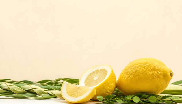 Fresh whole citron and sliced etrog with palm fronds for sukkot religion festival tradition celebration ceremonial botanical vegetarian ingredient seasonal observance cultural