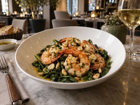 Gebratene Garnelen auf frischem Blattspinat mit Knoblauch und Pinienkernen. Elegantes spanisches Meeresfr&uuml;chte-Gericht in stilvoller Restaurantatmosph&auml;re mit Wei&szlig;wein.