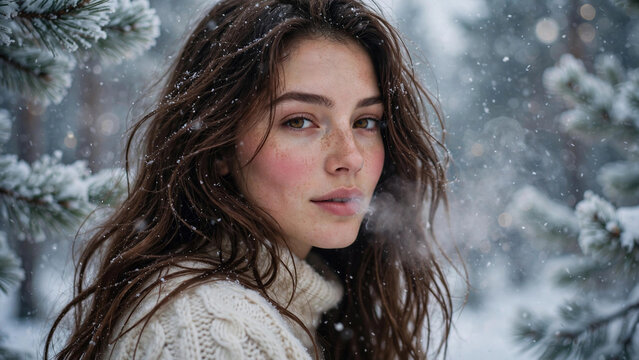 Young Woman with Freckles Standing in Snowy Winter Forest
