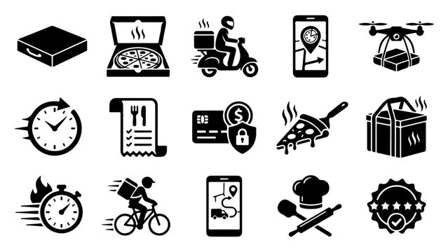 Set of black food delivery icons including pizza delivery bike scooter and fast shipping symbols