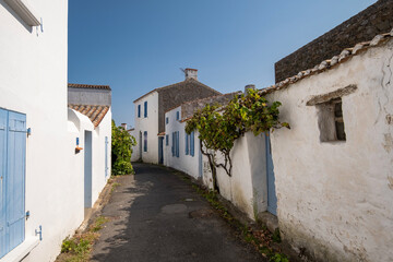 Ruelle pittoresque et maisons blanches traditionnelles aux volets colorés dans le village de Saint-Sauveur, Île d'Yeu, France. © skerdreux