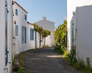 Ruelle pittoresque et maisons blanches traditionnelles aux volets colorés dans le village de Saint-Sauveur, Île d'Yeu, France. © skerdreux