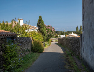 Ruelle pittoresque et maisons blanches traditionnelles aux volets colorés dans le village de Saint-Sauveur, Île d'Yeu, France. © skerdreux