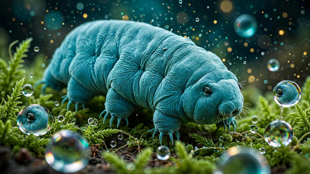 Teal Tardigrade Water Bear Crawling Through Mossy Magical Bubbles