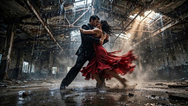 Passionate Couple Dancing Tango in Rain Filled Abandoned Warehouse
