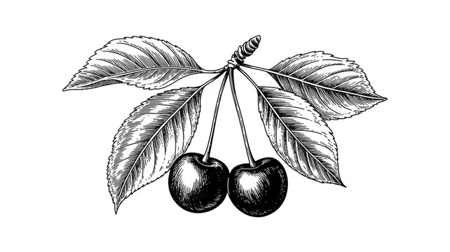 Black and white hand drawn sketch of two ripe cherries