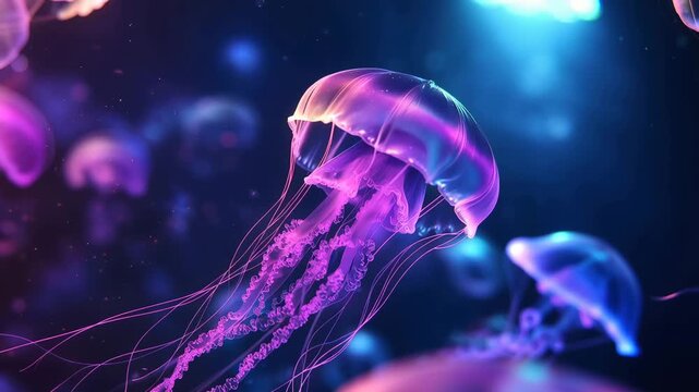 Colorful Jellyfish Floating Underwater with Neon Glow