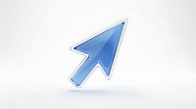 A shiny blue glass computer mouse cursor arrow icon floating in the air for web design and digital interface