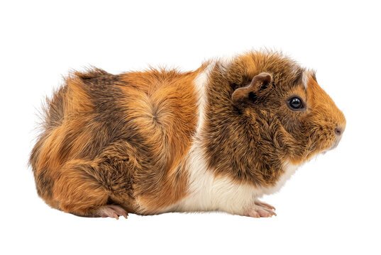 Abyssinian guinea pig with rosette fur, brown and white cavy, fluffy domestic rodent pet isolated PNG with Transparent Background