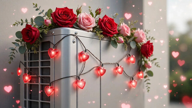 Air Conditioner Unit Decorated With Roses and Heart Lights