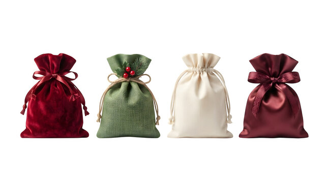 Set of four festive gift bags in velvet, burlap, and satin fabrics isolated on transparent background