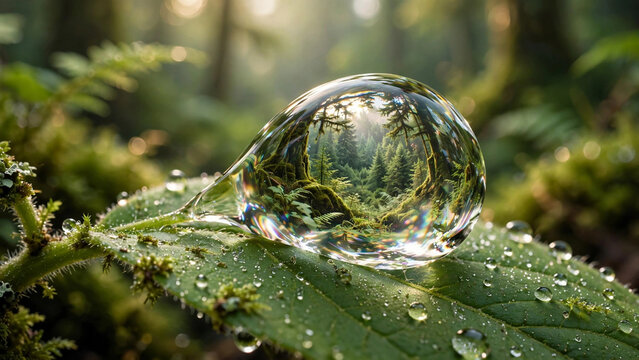 Giant Dewdrop On Leaf Reflects Entire Forest Landscape Magically