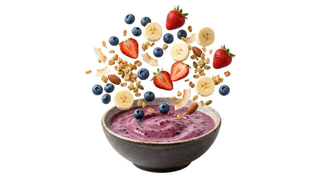Bowl of berry smoothie with floating fresh strawberries, blueberries, banana slices, granola, and nuts isolated on transparent background