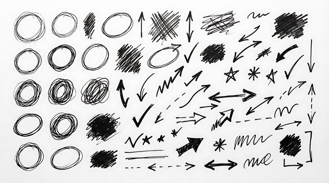 Set of hand drawn sketch circles arrows and abstract shapes isolated on white background for design elements