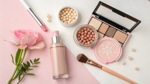 Set of makeup products and cosmetic tools with pink flowers