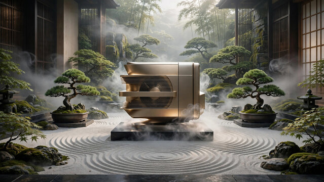 Futuristic Gold Air Purifier Displayed in Serene Zen Garden