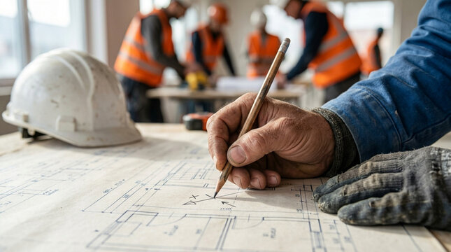 Construction worker sketching blueprint, team planning at site
