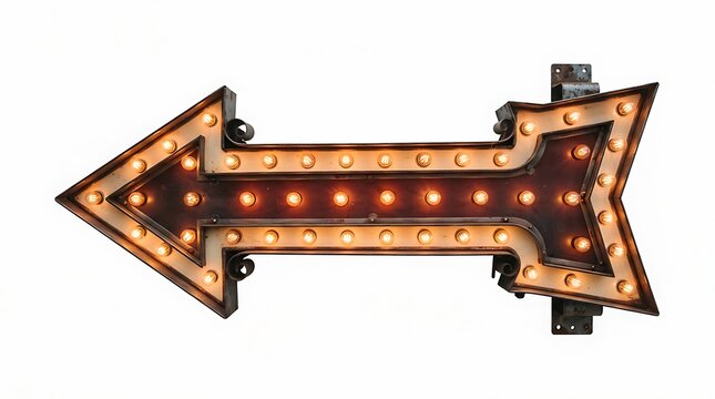 Vintage metal arrow sign with glowing light bulbs pointing left isolated on a clean white background
