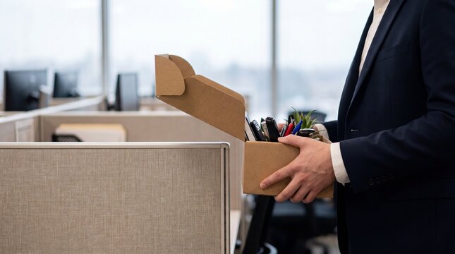 Employee Holding Box of Belongings After Layoff, Office Setting