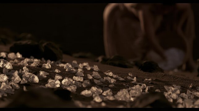 Close-up view of manna-like substance covering ground in dim natural lighting