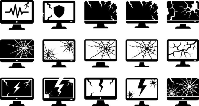 Broken computer monitor icons with cracked screen effects, digital glitch and spiderweb patterns, vector illustration