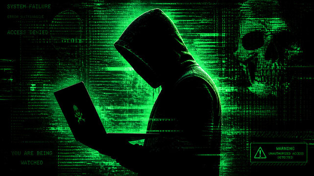 A hooded hacker in silhouette stands before a glowing green matrix code background, operating a laptop with warning text visible.