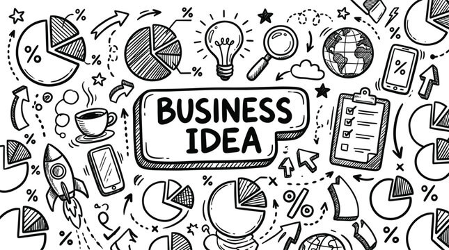 Creative business idea doodle concept background with hand drawn financial charts rocket lightbulb and marketing planning strategy elements