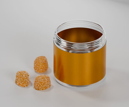 3d plastic tub container mockup with gold label and gummy sweets, white background