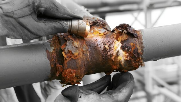 Industrial worker inspects corroded pipe section with flashlight in maintenance facility