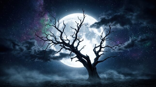 Spooky bare tree silhouette against a giant full moon at night