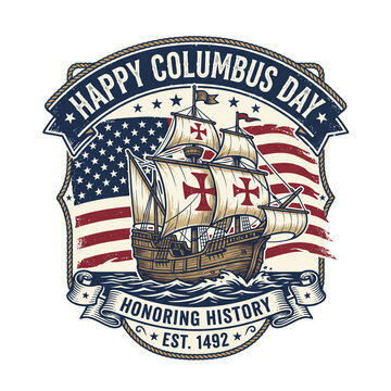 A Columbus Day emblem featuring a vintage caravel ship against the USA flag. An isolated patriotic maritime print design with honoring history text.