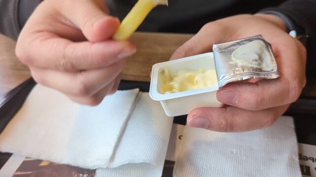 Close-up of a man in black eating french fries at a fast food restaurant. His dry, visibly irritated hands are holding the food, with a tray and napkins visible on the table. Fast food, unhealthy eat