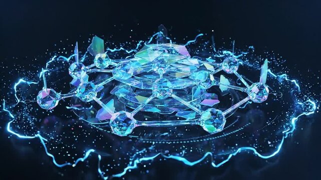 Holographic energy nodes forming dynamic 3d visualization in futuristic tech lab with transparent studio backdrop