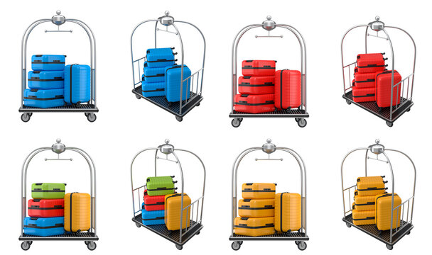 Set of Regular suitcase on hotel trolley cart for carrying baggage on white background