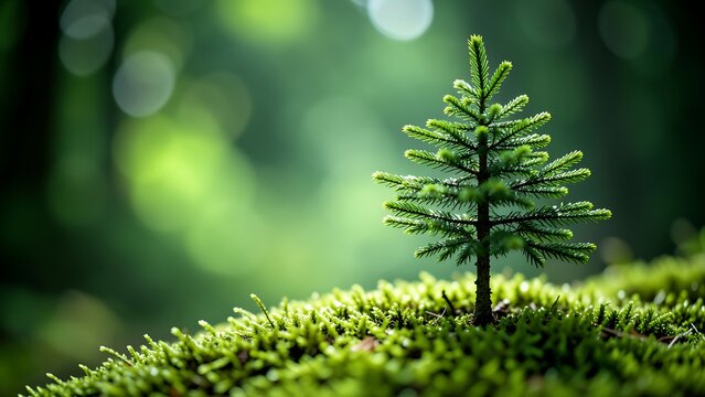A small young evergreen coniferous tree growing on a mossy green forest floor