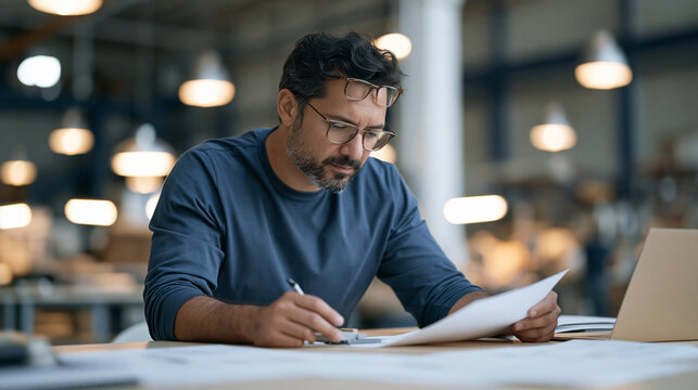 Aerospace engineer comparing a material sample to a reference sheet in a twilight lit warehouse bay, cryptic crossword compilation notes spread across the table, a pair of reading