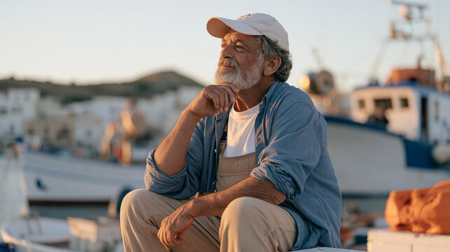 A Sicilian fisherman listening closely at a harbor for engine sounds at last light, the final glow reflecting off the water in a quiet rural process scene of the morning meal prep