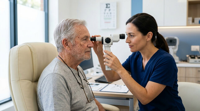 Optometrist examining senior man's eye with ophthalmoscope in clinic