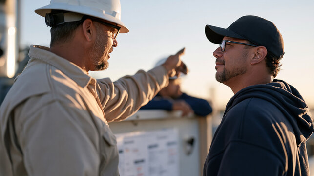 Pipeline inspection technician teaching a newcomer patiently as the last daylight fades over an urban backdrop, a visual ADHD executive function schedule pinned to the pipe access