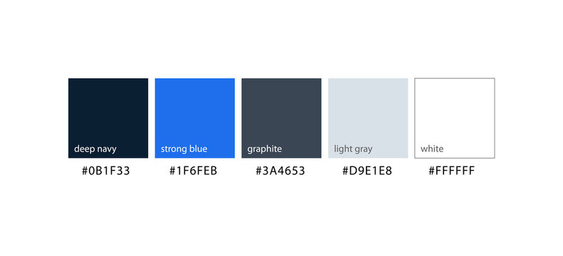 Cool analogous color palette guide vector illustration featuring swatches and hex codes for deep navy, strong blue, graphite, light gray, and white against a clean background.