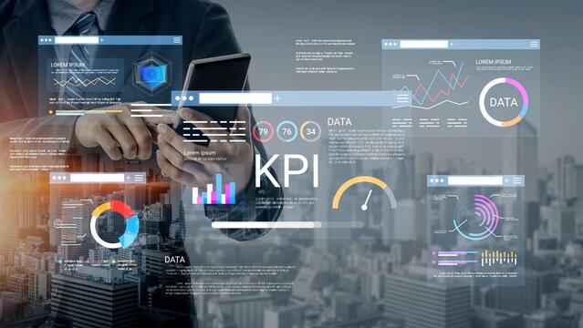 Business professional using smartphone to analyze key performance indicators and data visualizations with modern urban background and technology overlay Gluon.