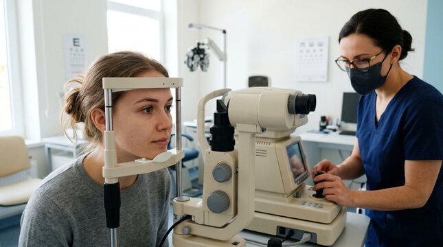 Ophthalmologist examining patient's eye with modern equipment in clinic