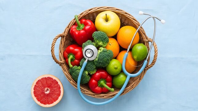 A basket filled with fresh colorful vegetables and fruits with a medical stethoscope placed on top