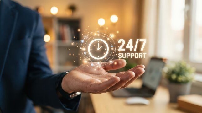 Hand displays holographic clock icon showing customer care services through modern tech in bright office space with computer and plant.