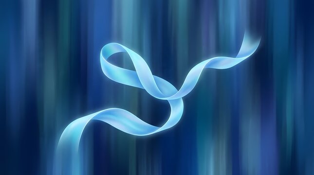A single flowing light blue silk ribbon twisting gracefully against a dark abstract blue motion blur background