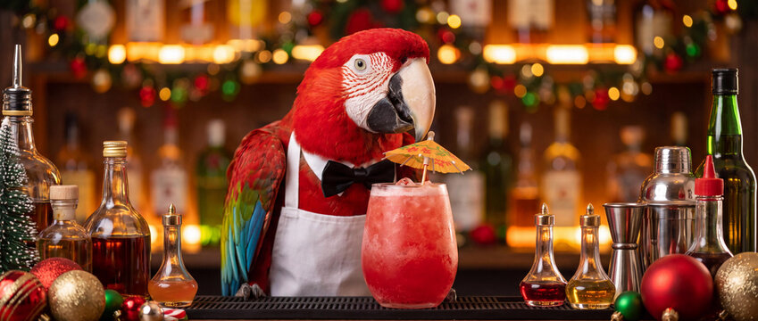 Festive Scarlet Macaw Parrot Bartender in Bowtie Serving Christmas Cocktail at a Bar with Warm Bokeh Lights and Holiday Decorations