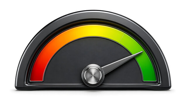 Speedometer gauge dial indicating maximum performance level isolated on a white background