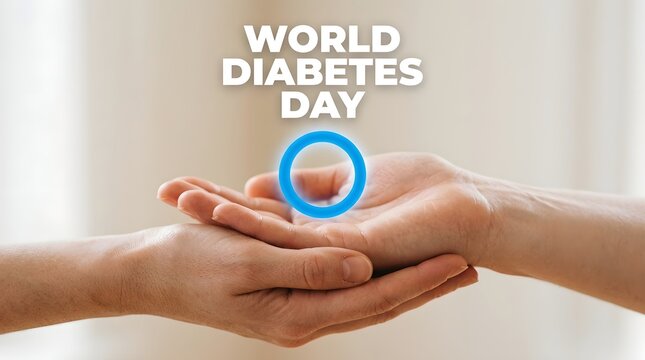 Hands holding a blue circle symbol representing world diabetes day awareness and support for patients with chronic disease